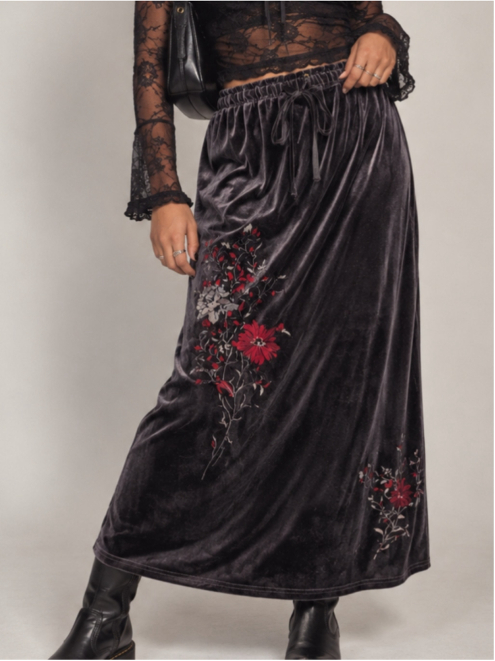 Vintage Y2K Worthington Velvet Floral Maxi Skirt Slit Whimsigoth Grey Large